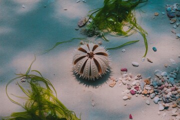 Sea urchin on sandy ocean floor with seaweed