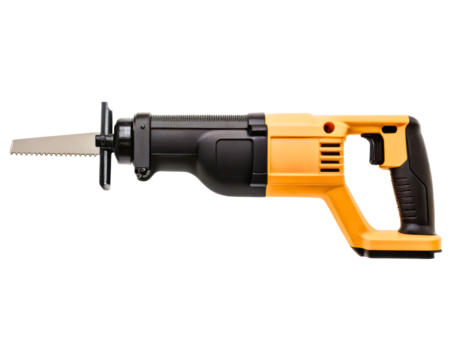 Powerful electric reciprocating saw for construction work on a transparent background