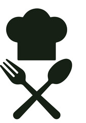 Culinary Craft, A timeless chef's hat above crossed fork and spoon, representing tradition, skill, and the heart of professional cuisine. Keywords: chef symbol, culinary art, classic kitchen, food ser