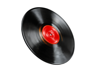 Black vinyl record with red label isolated on black background, Isolated On Transparent Background, Cut Out