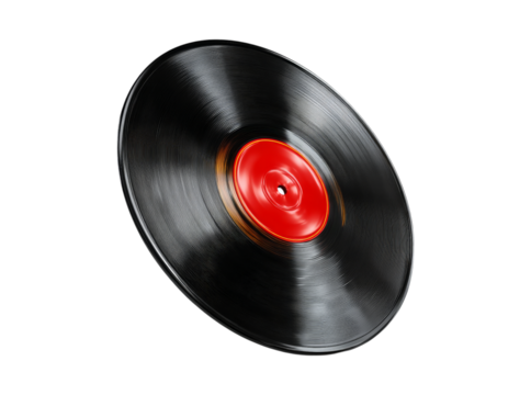 Black vinyl record with red label isolated on black background, Isolated On Transparent Background, Cut Out
