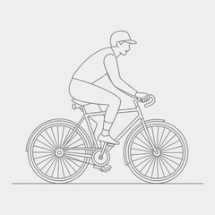 Cyclist Riding Bicycle Outline Illustration on Light Gray Background