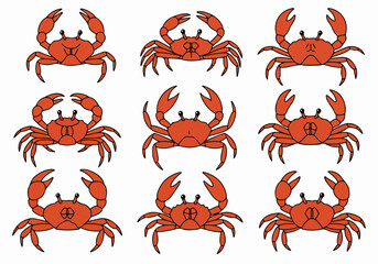 Seamless pattern featuring cute cartoon red crabs on a white background, perfect for summer designs, textiles, and marine-themed illustrations.