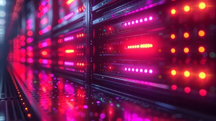 Fototapeta premium Server racks glowing with red and purple lights in a modern data center