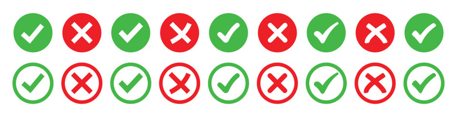 Set of Check mark and cross mark icons. Validation and refusal icon. check box icon with correct, accept checkmark icons green tick box, check list circle frame - checkbox symbol sign.