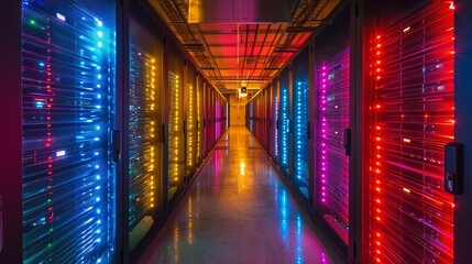 Server racks with colorful led lights illuminating modern data center corridor