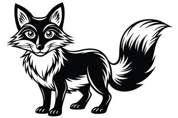 Stylized monochrome fox stands confidently with fluffy tail and detailed fur marking on its body