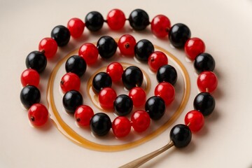 Red and black currants forming spiral with honey on white plate