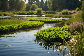 Constructed wetland system purifying wastewater with aquatic plants