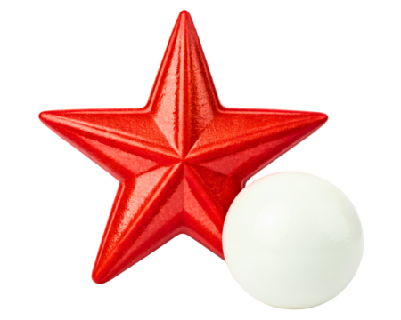 Bright red star and a white ball are classic holiday decorations on a transparent background