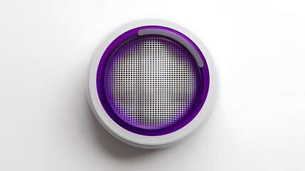 A close up of a circular device with a purple ring on a white background