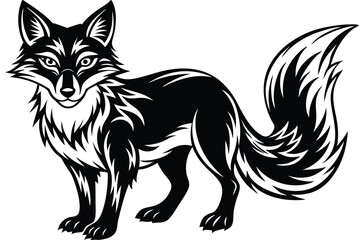 fox illustration showcases detailed black and white markings with a distinctive, bushy tail