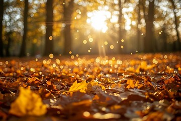 Magical golden autumn forest path with falling leaves and warm sunlight bokeh, evoking peaceful and nostalgic seasonal vibes