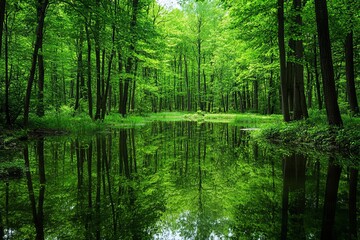 Fototapeta premium Tranquil Forest Landscape with River and Lush Greenery