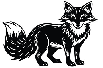 An elegant fox in black and white color presents a majestic furry silhouette