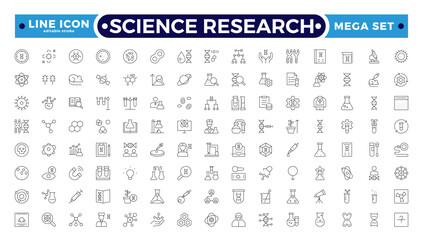 Scientific research and science Outline icon collection. Laboratory. Chemical experience and experiment. Molecule and atom.  Editable stroke outline icon.
