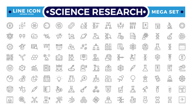Scientific research and science Outline icon collection. Laboratory. Chemical experience and experiment. Molecule and atom.  Editable stroke outline icon.
