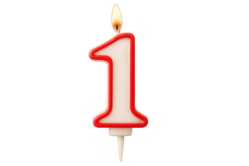 Red and white number one birthday candle burning on a transparent background, perfect for first birthday celebrations