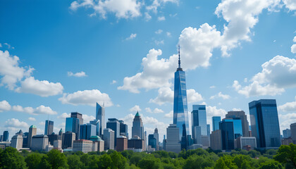 Vibrant cityscape with modern skyscrapers and lush green trees under a bright blue sky