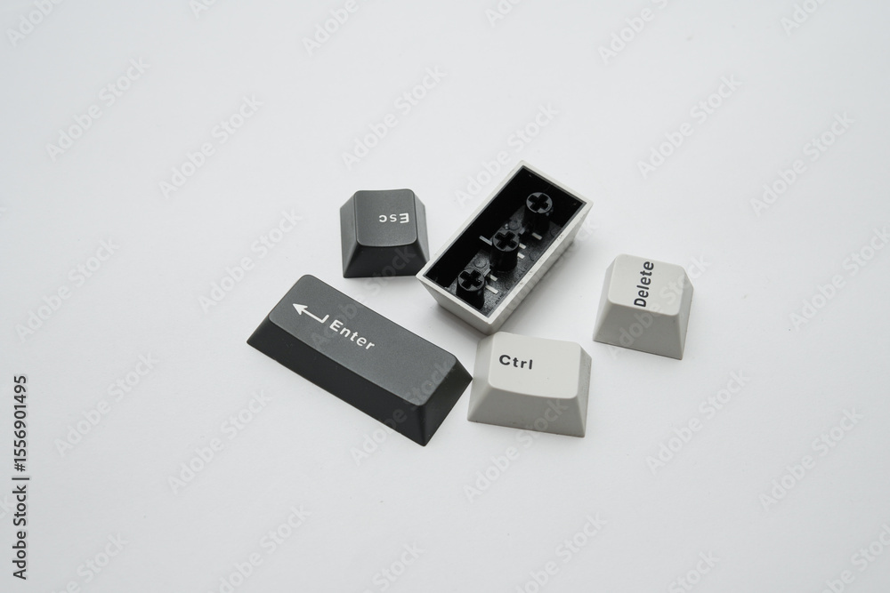 Poster tech photographic still life of keyboard keycaps components, minimalist capture, website graphics or