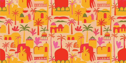 Abstract seamless pattern of a Moroccan village with palm trees and architecture. A vibrant, hand-drawn summer print in warm red, yellow, and pink hues. Ideal for travel themes and boho textiles