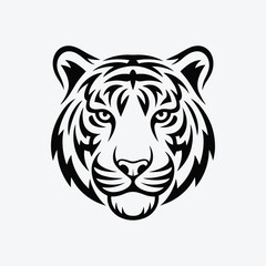 Stylized Tiger Head Logo Design in Black and White Isolated on Light Background

