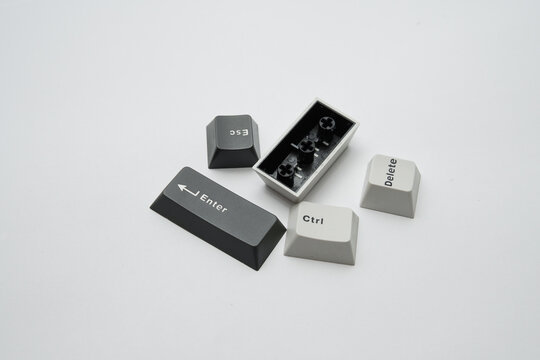 Tech photographic still life of keyboard keycaps components, minimalist capture, website graphics or blog visuals and hardware style
