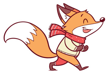 Smiling cartoon fox is running happily while wearing a scarf and coat