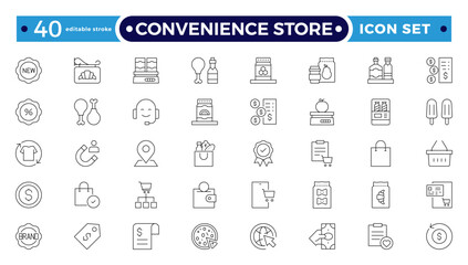 Convenience Store Outline Icon Set. Online payment, discount, buy, shopping cart, delivery, credit card, customer service. Editable stroke outline icon.
