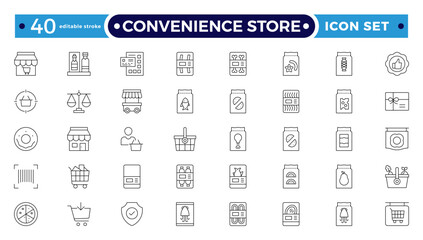 Convenience Store Outline Icon Set. Online payment, discount, buy, shopping cart, delivery, credit card, customer service. Editable stroke outline icon.
