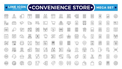 Convenience Store Outline Icon Set. Online payment, discount, buy, shopping cart, delivery, credit card, customer service. Editable stroke outline icon.
