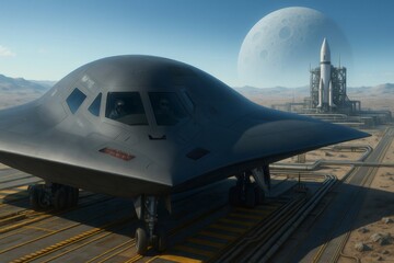 Northrop grumman b 2 spirit bomber near space shuttle launchpad with large moon