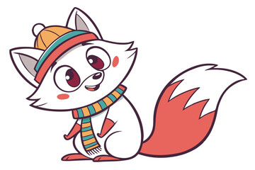 Cartoon arctic fox with a striped scarf and hat looks adorable and friendly