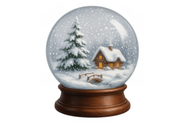 Festive snow globe presenting snowy winter scene, featuring wooden cottage, arching bridge, pine tree, gently falling snowflakes against translucent backdrop