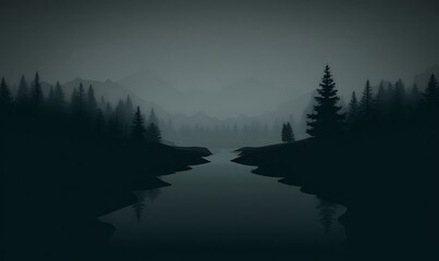 Misty dark forest and quiet river