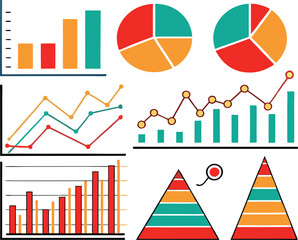 A collection of colorful and diverse data visualization charts including bar graphs pie charts line graphs and pyramid charts representing business analytics and financial reporting