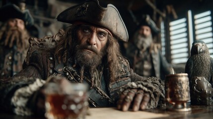 Close-up of intense pirate captain with tricorn hat and weathered face sitting in tavern with rum and crew during International Talk Like a Pirate Day storytelling and planning scene