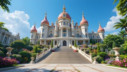 Obraz premium Original name(s): Magnificent Fantasy Palace with Lush Gardens and Grand Stairs Under a Clear Blue Sky.png