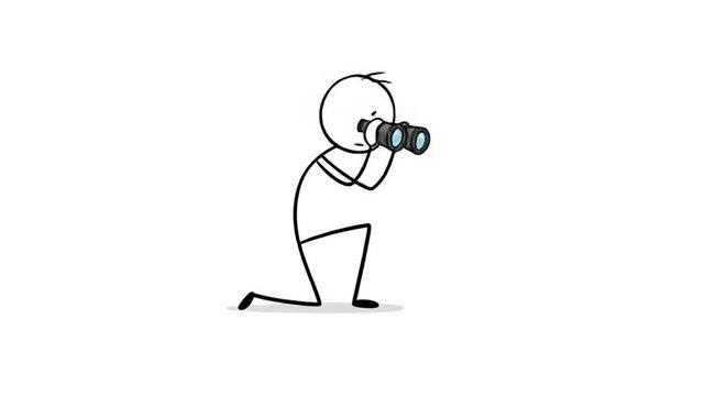 Stick figure kneeling with binoculars minimalist illustration