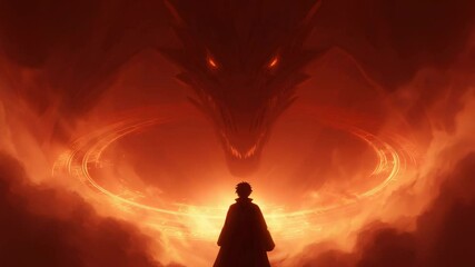 Epic battle between hero and dragon amidst fiery backdrop creates tension and excitement