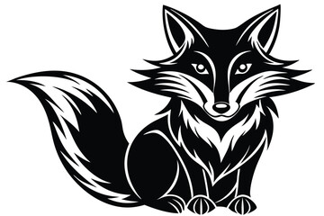 A sleek, black fox sits calmly, its patterned fur casting bold shadows gracefully