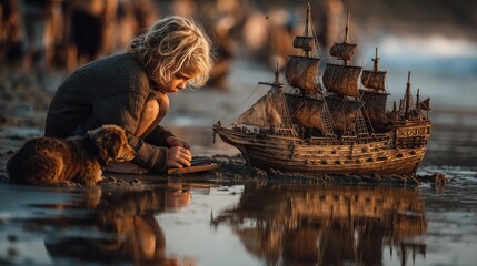 Little boy playing with wooden pirate ship model on the beach with small dog at sunset perfect for childhood dreams, adventure stories and International Talk Like a Pirate Day themes