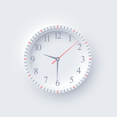 Minimal round wall clock with simple hour marks and modern design. Elegant analog clock in neomorphism style on light grey background. Vector illustration.