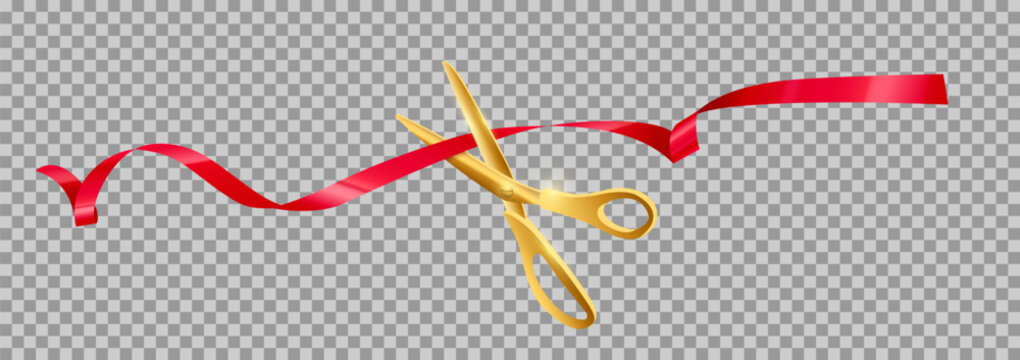 Grand opening ceremony. Golden scissors cutting red ribbon isolated on transparent background. Luxury event announcement, stage celebration, or business launch. Realistic vector illustration.