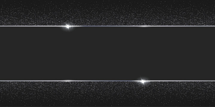 Silver glitter border background. Horizontal black banner with sparkling silver edges, glowing light effects. Elegant festive frame for event invitation, celebration. Vector illustration.