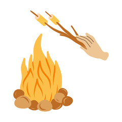 Vector illustration of fire and roasted marshmallows. Ideal for outdoor recreation, travel and adventures in retro doodle style. Flat design on white background. 