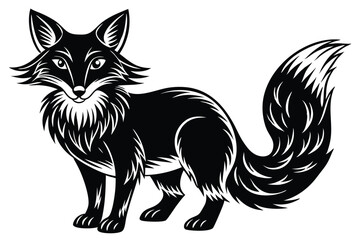 A monochrome stylized fox stands alert with fluffy tail on a white background