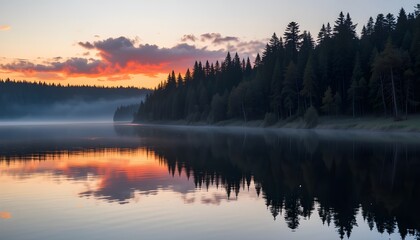 Fototapeta premium Original name(s): At sunset, a lake in the forest. Red clouds in a romantic sky.png