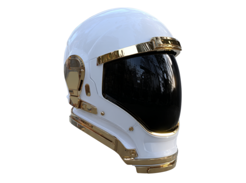 Futuristic white and gold astronaut helmet space exploration, Isolated On Transparent Background, Cut Out