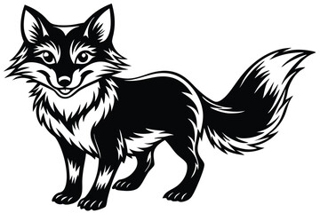 Cartoon black and white fox smiles, presenting a design with clean lines